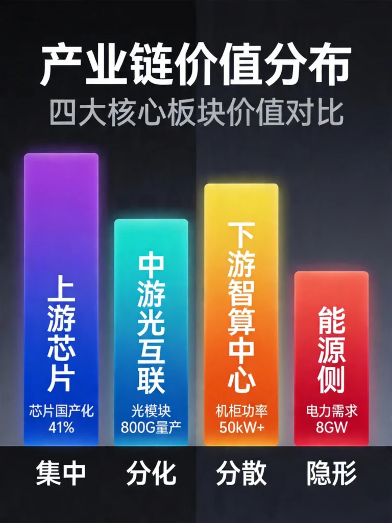 产业链价值分布图，展示四个环节的价值量、关键数据与竞争格局特征