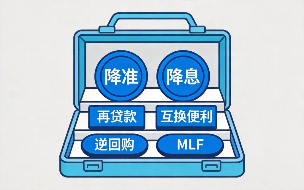 蓝色工具箱里分层放着央行各种政策工具，降准降息、再贷款、互换便利、逆回购和MLF一目了然