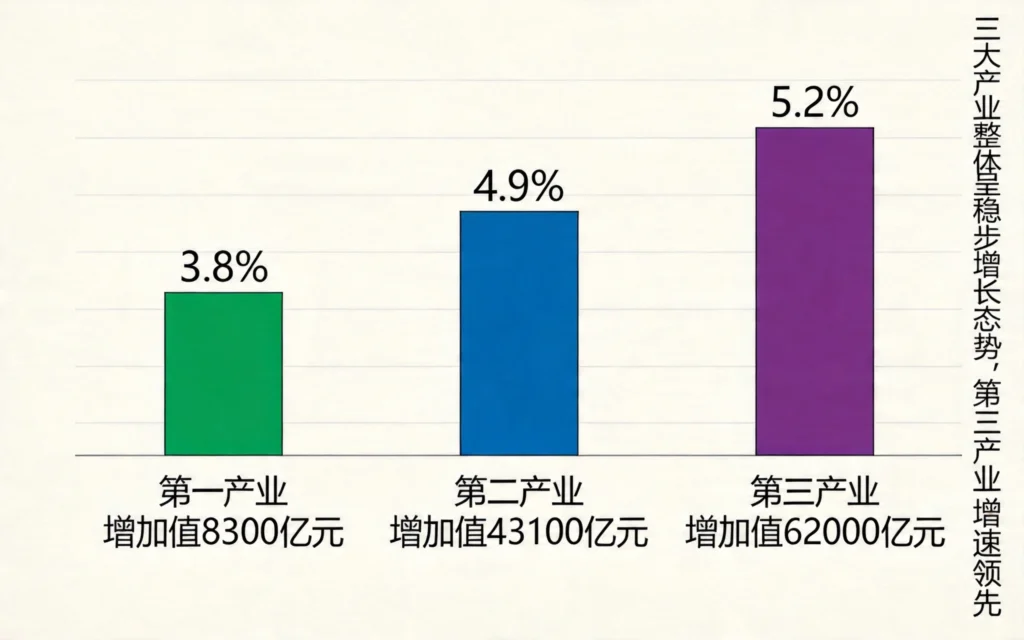 浅米色背景的三大产业增长柱状图，绿色柱代表第一产业（增速3.8%），蓝色柱代表第二产业（增速4.9%），紫色柱代表第三产业（增速5.2%），右侧标注"三大产业整体呈稳步增长态势，第三产业增速领先"