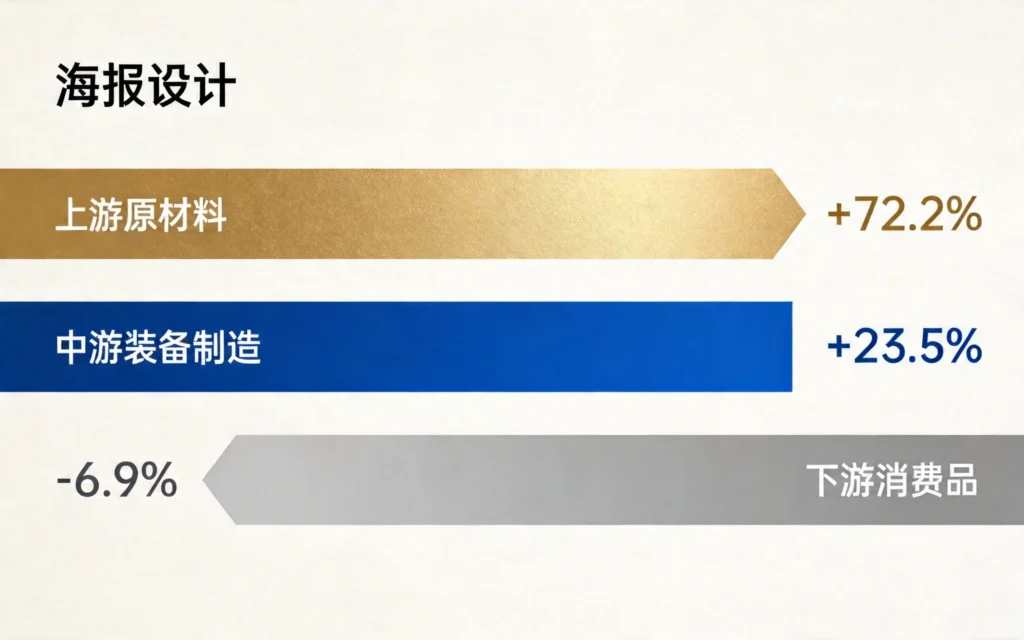 三条横向条形图并排，金色条最长代表上游原材料+72.2%，蓝色条中等代表中游装备制造+23.5%，灰色条往左缩代表下游消费品-6.9%