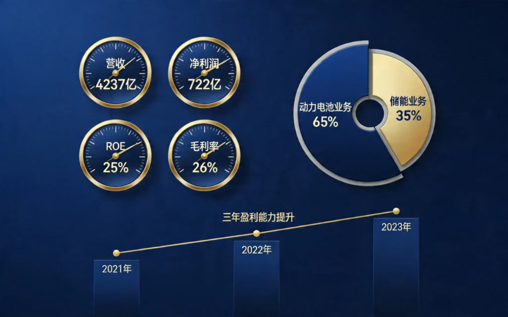 财务仪表盘展示核心指标，饼图呈现动力电池与储能双轮驱动