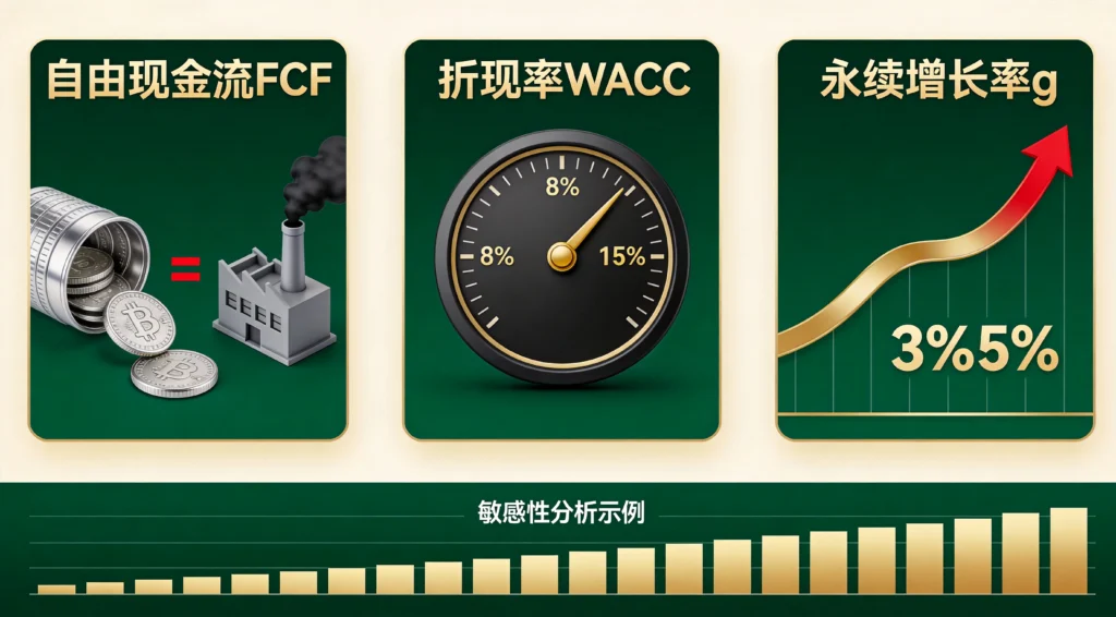 三列卡片展示自由现金流、折现率、永续增长率三大关键变量