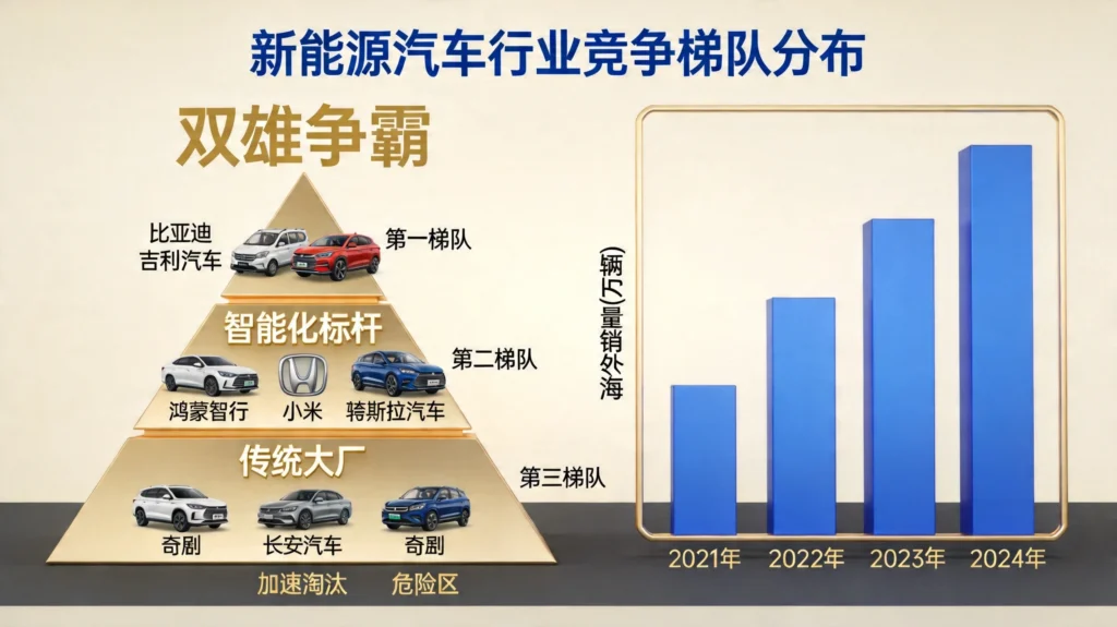 金字塔展示行业梯队分布，柱状图呈现海外销量增长趋势