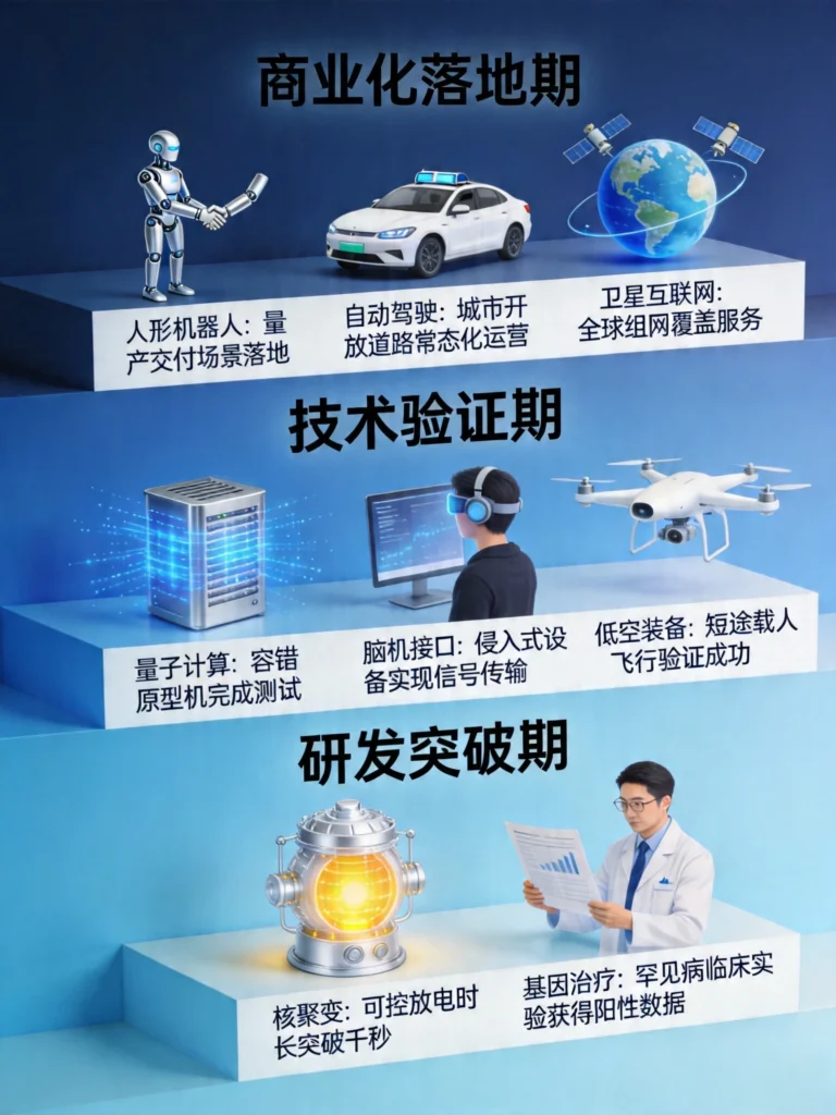 三层级成熟度阶梯图，展示十大赛道从研发突破到商业化落地的发展阶段