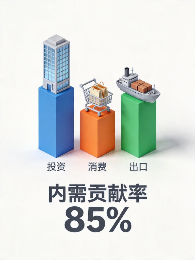 三柱对比图展示投资、消费、出口三大需求结构与内需贡献