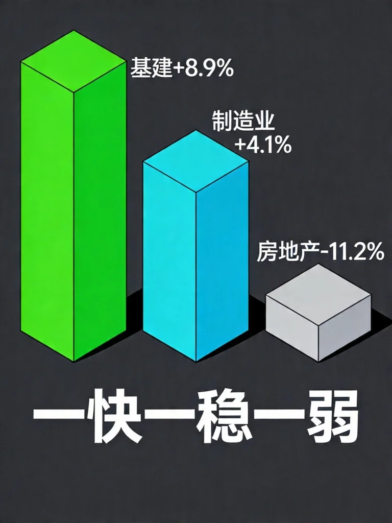 三板块增速对比图，展示基建高增、制造业稳健、房地产承压的分化格局